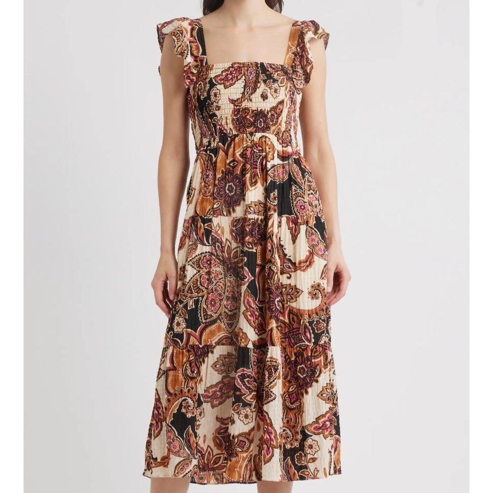 Vince Camuto Square Neck Paisley Print Fit & Flare Midi Sun Dress Womens XL NWT